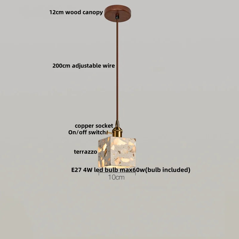 Afralia™ Minimalism LED Pendant Light Fixture Terrazzo Marble Stone Wood Hanging Lamp