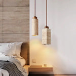 Japanese Stone LED Pendant Lamps Yellow Travertine Wabi Sabi Hanging Light