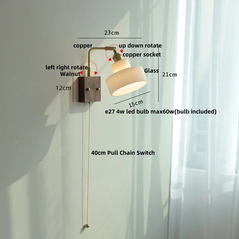 White Glass LED Wall Light Fixture Walnut Wood Brass Pull Chain Switch