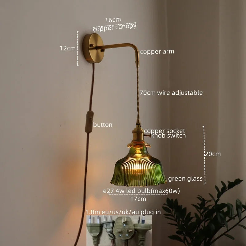 LED Wall Lamp Glass Copper Arandelas Para Parede Retro Style for Living Room