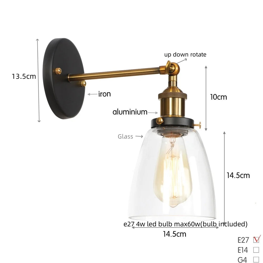 Vintage Single Arm LED Wall Lamp Iron Glass Retro Stair Light