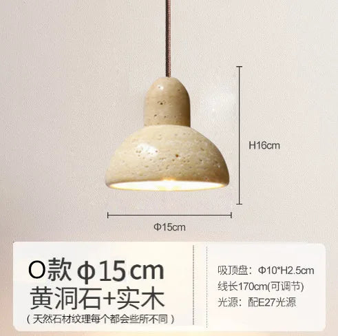 Japanese Wooden Stone Chandelier Pendant Light, Wabi-Sabi Style Yellow Cavity-Stone Lamp