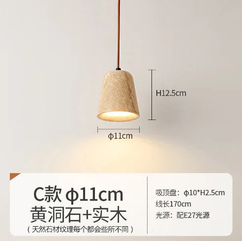 Japanese Wooden Stone Chandelier Pendant Light, Wabi-Sabi Style Yellow Cavity-Stone Lamp