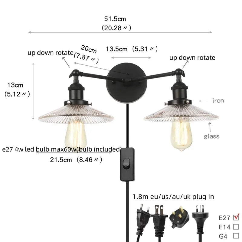 Black LED Wall Sconce 2-Head Lamp for Bedroom Bathroom Mirror