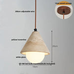 Yellow Travertine Wood Canopy Pendant Lights - Japanese Style Adjustable Globe LED Hang Lamp