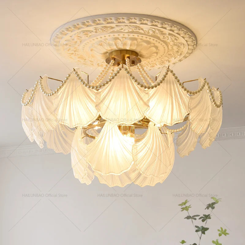 Pearl Crystal Chandelier for Dining Living Bedroom, Elegant French Shell Glass Light