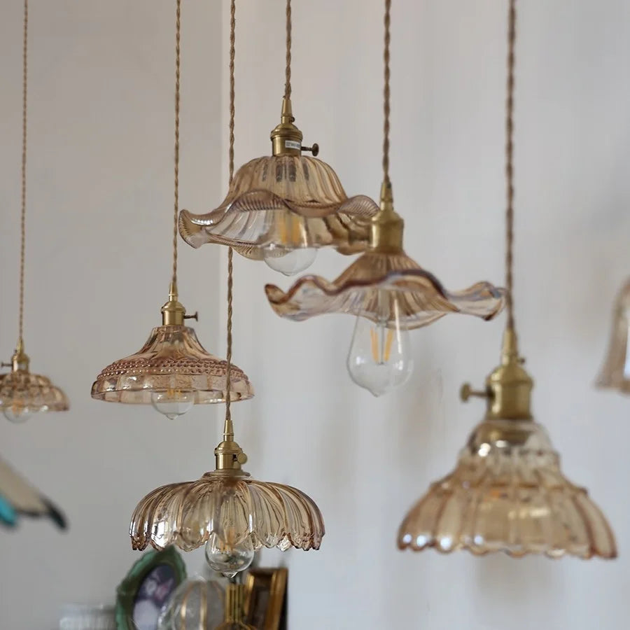 Amber Flower Glass Pendant Lamp LED Knob Switch Nordic Modern Hanging Lights