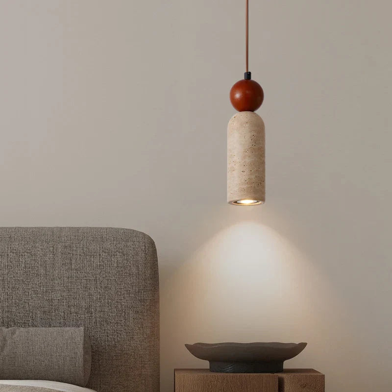 Stone LED Hanging Lamp Bedroom Living Room Lighting Yellow Travertine Wood Pendant