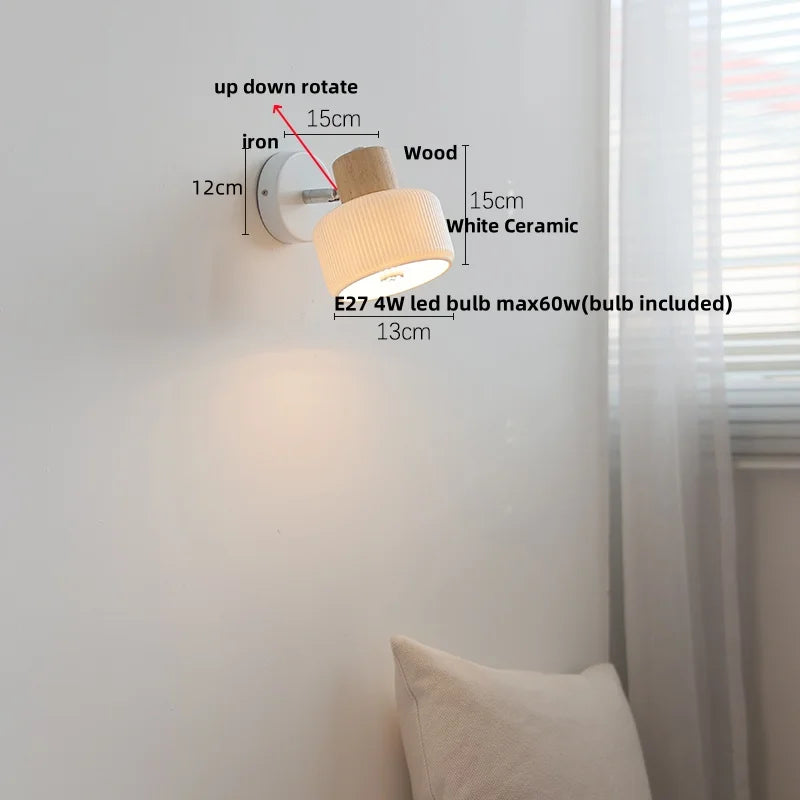 Afralia™ White Ceramic LED Wall Light with Pull Chain Switch and Wood Base