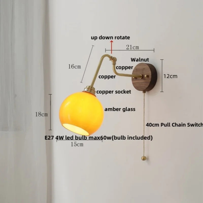 Rotating Copper LED Wall Light with Pull Chain Switch and Walnut Base
