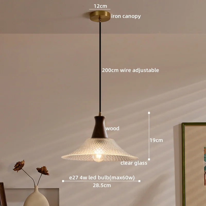 Wood Glass LED Pendant Lights Modern Hanging Lamp for Kitchen Living Room
