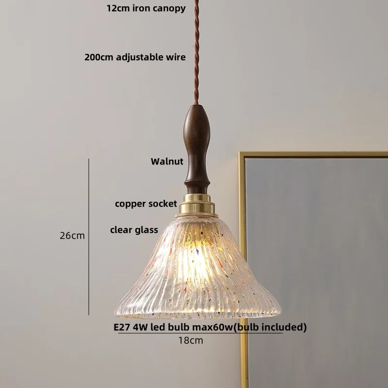 White Glass LED Pendant Light Fixture Walnut Wood Hang Lamp