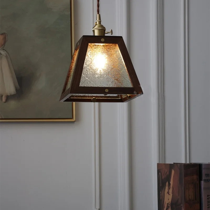 Walnut Wood LED Pendant Light Clear Glass Adjustable Loft Retro