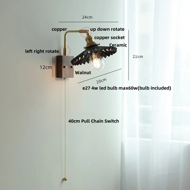Nordic LED Walnut Wood Wall Lamp with Rotating Ceramic Copper Pull Chain Switch