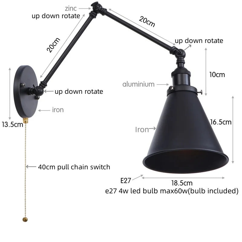 Vintage Iron Gold LED Wall Lamp with Long Arm and Pull Chain Switch