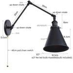 Vintage Iron Gold LED Wall Lamp with Long Arm and Pull Chain Switch