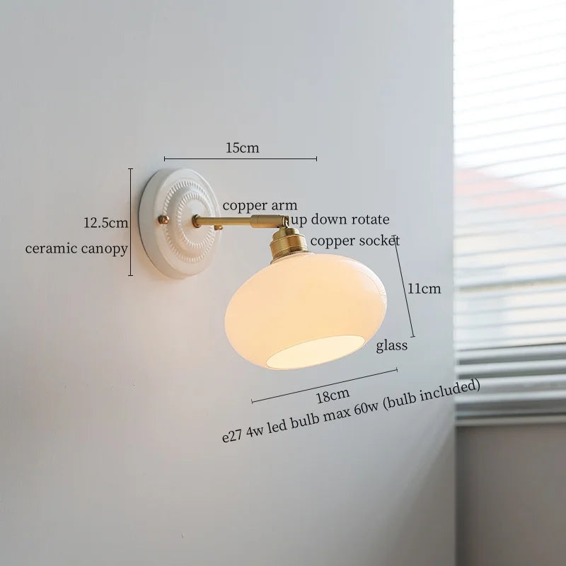 White Glass LED Wall Lights Pull Chain Switch Copper Arm - Bedroom Stair Living Room Mirror Bedside Lamp