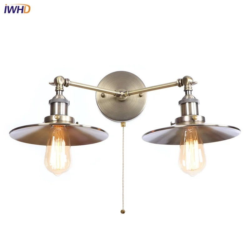 Vintage LED Wall Lamp with Pull Chain Switch, 2 Heads Industrial Sconce