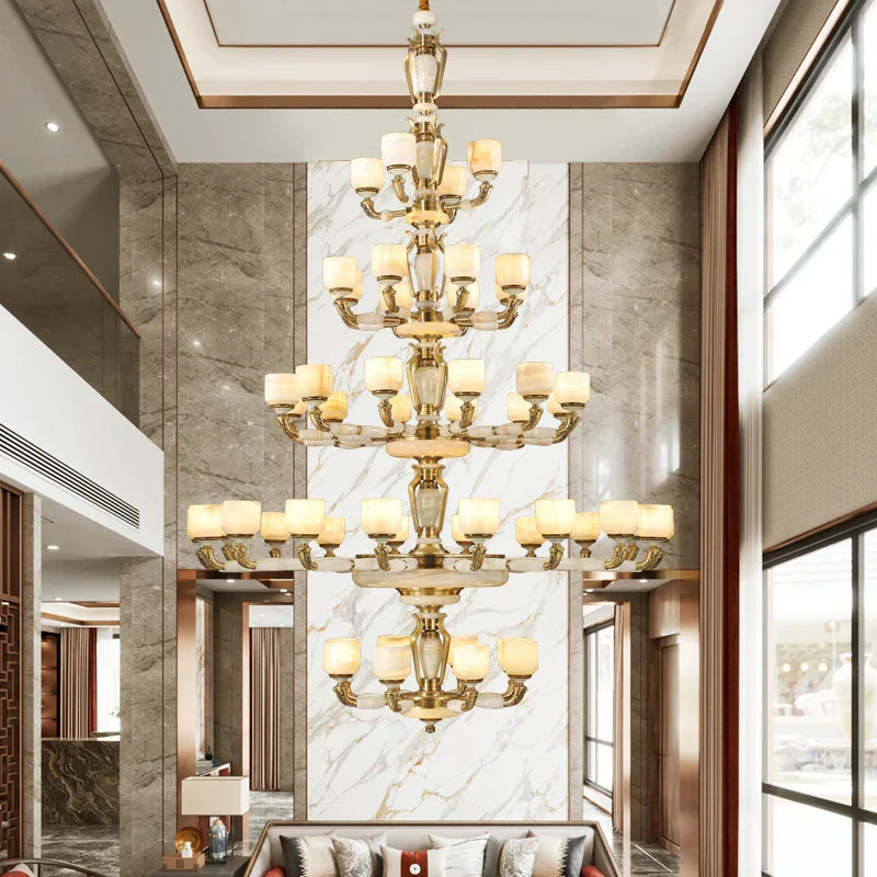 Zinc Alloy European Chandelier with Natural Jade Accent for Villa Living Room