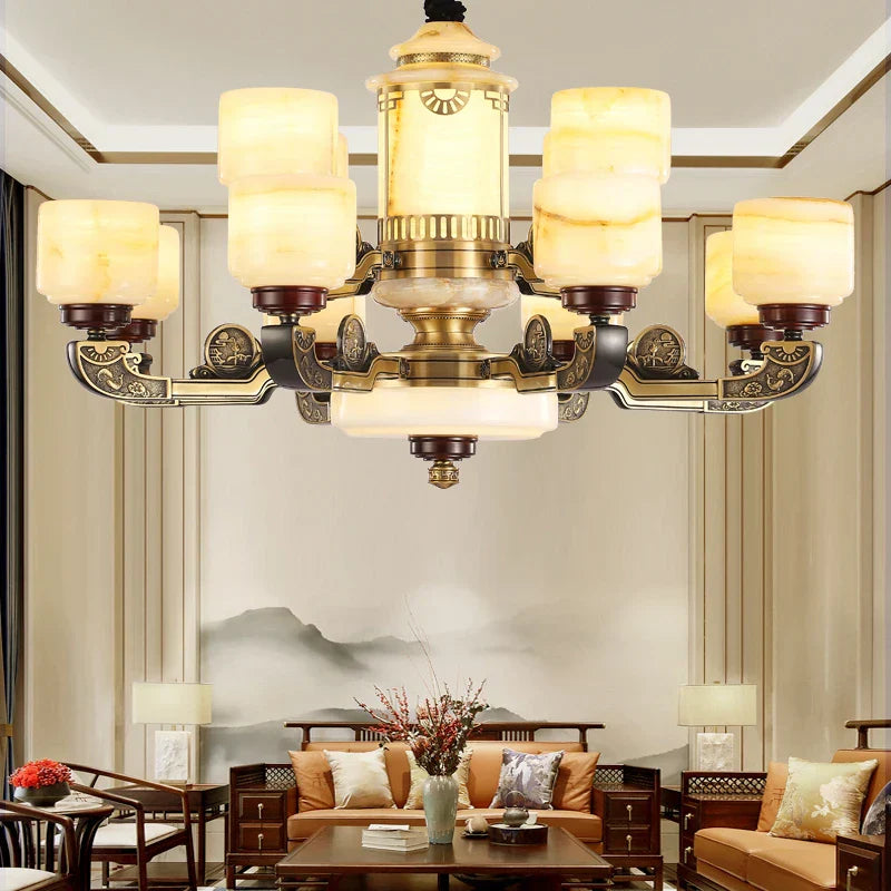 Natural Jade Copper Chandelier Modern Duplex Building Zhongshan Lamps