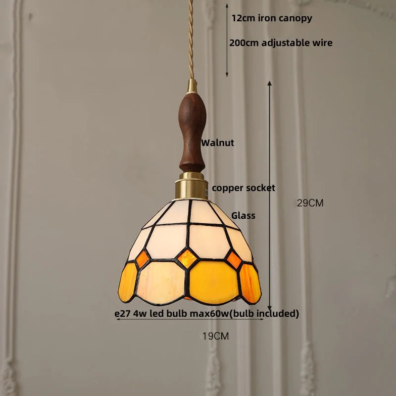 Walnut Wood LED Pendant Light Fixture with Colorful Glass Hang Lamp