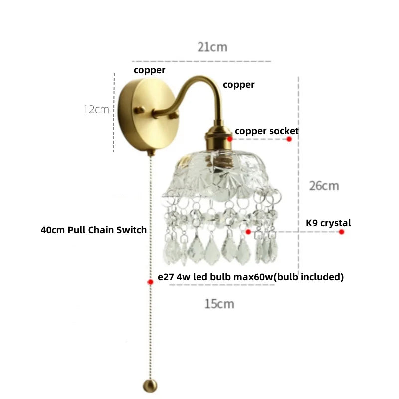 Vintage Crystal LED Wall Lights Pull Chain Switch Copper E14 Stair Fixtures