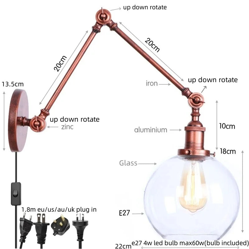 Adjustable Glass Swing Arm LED Wall Sconce with Pull Chain Switch