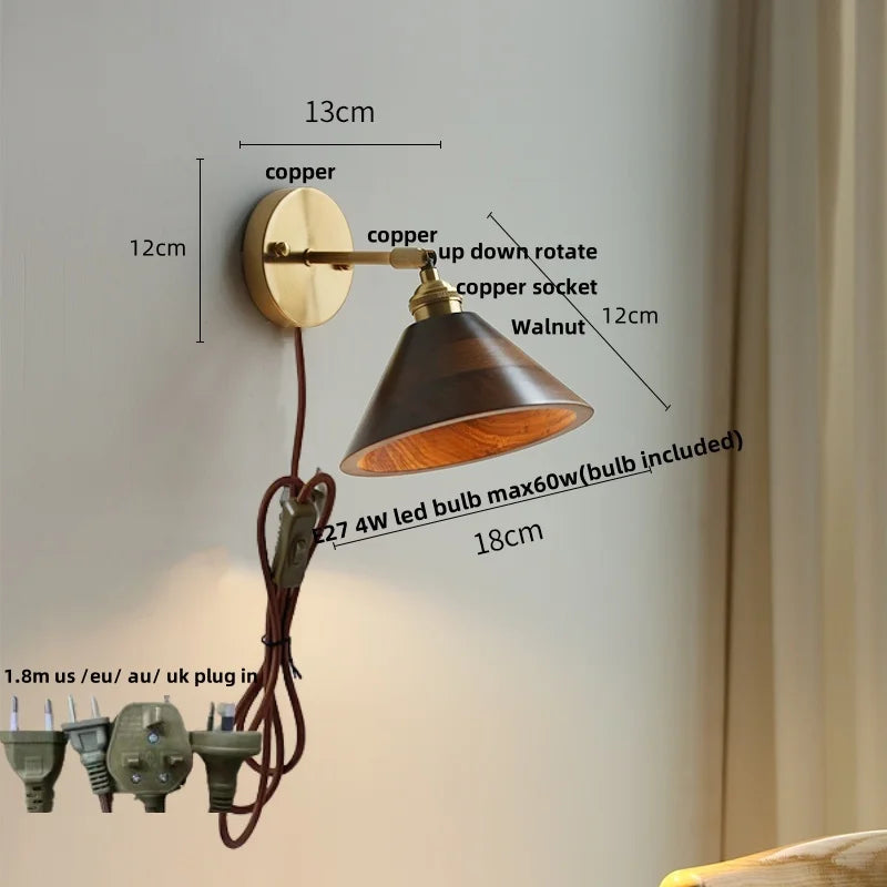 Walnut Wood LED Wall Lamp Sconce Rotatable Up Down Pull Chain Switch Canopy
