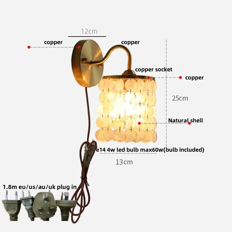 Vintage Crystal LED Wall Lights Pull Chain Switch Copper E14 Stair Fixtures