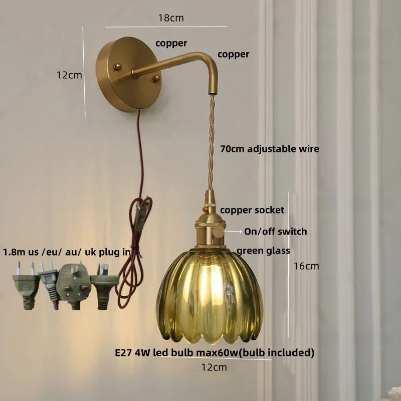 Smoke Gray Glass LED Wall Light Fixture Minimalist Pull Chain Switch Bedside Lamp