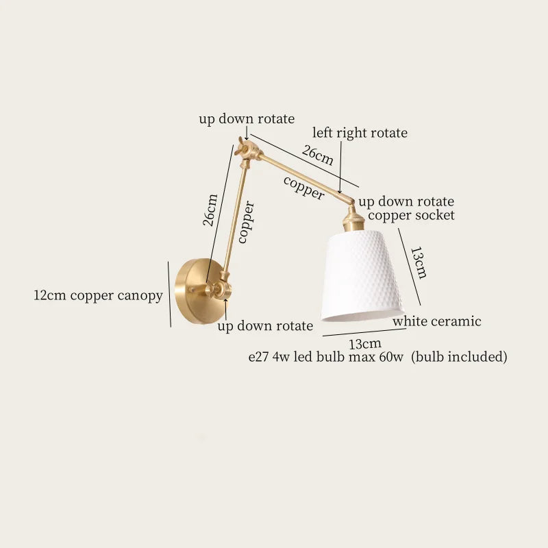 Ceramic LED Wall Lamp, Pull Chain Switch, Nordic Copper, Small Size