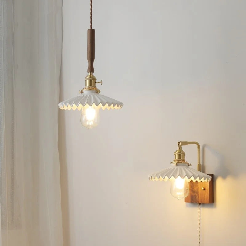 Ceramic Walnut Wood LED Pendant Light Fixture for Dining Room and Home Decor