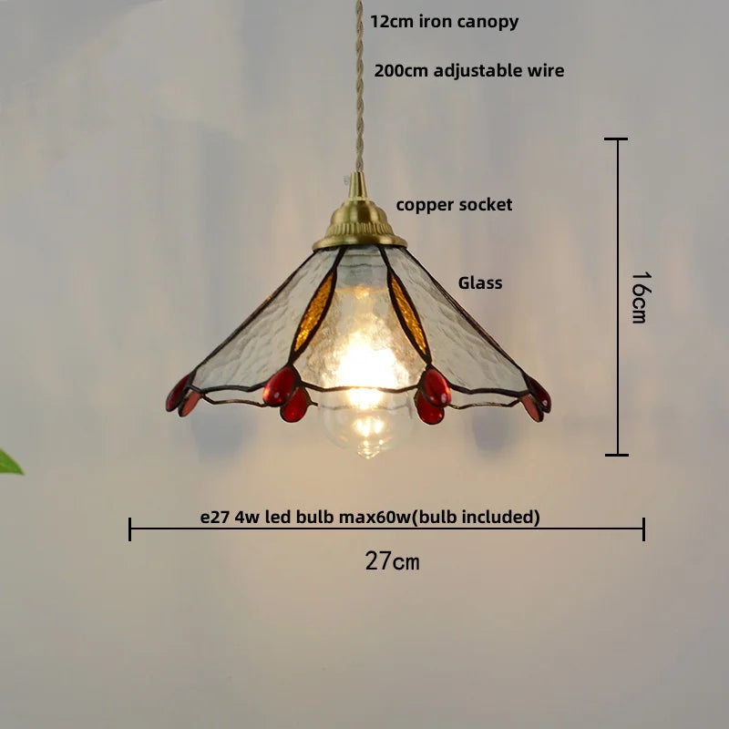 Walnut Wood LED Pendant Tiffany Glass Hanging Lamp - Vintage Dining Room Light