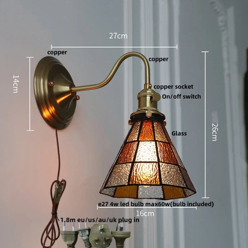 Afralia™ Blue Glass Copper LED Wall Light Fixture Stair Bar Restaurant Bedroom E27
