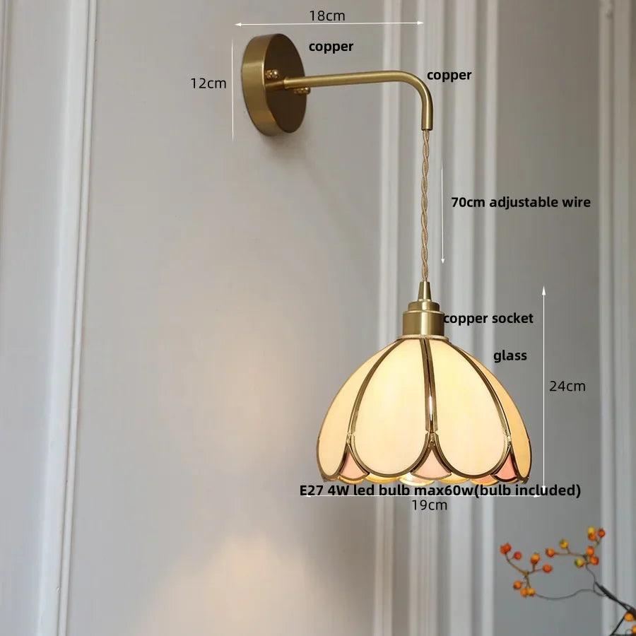 Tiffany Glass LED Wall Sconce Handcrafted Lamp, Pull Chain Switch