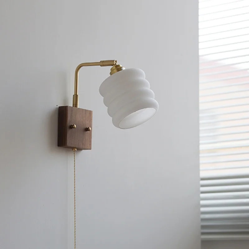 Walnut Wood LED Wall Sconce Rotatable Glass Bedside Lamp Nordic Modern