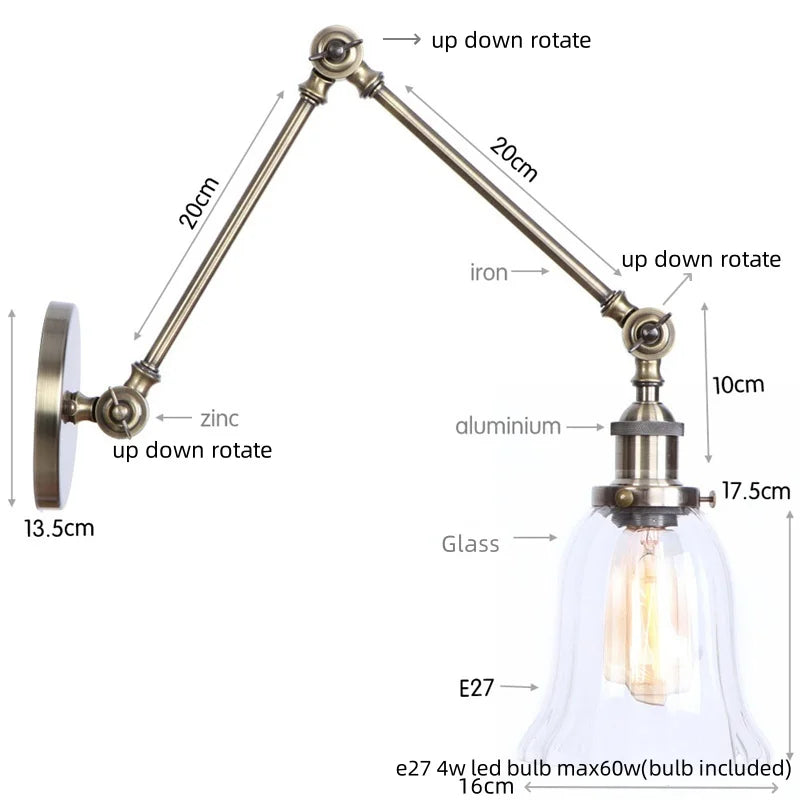 Vintage Industrial LED Wall Light with Clear Glass Shade & Adjustable Long Arm