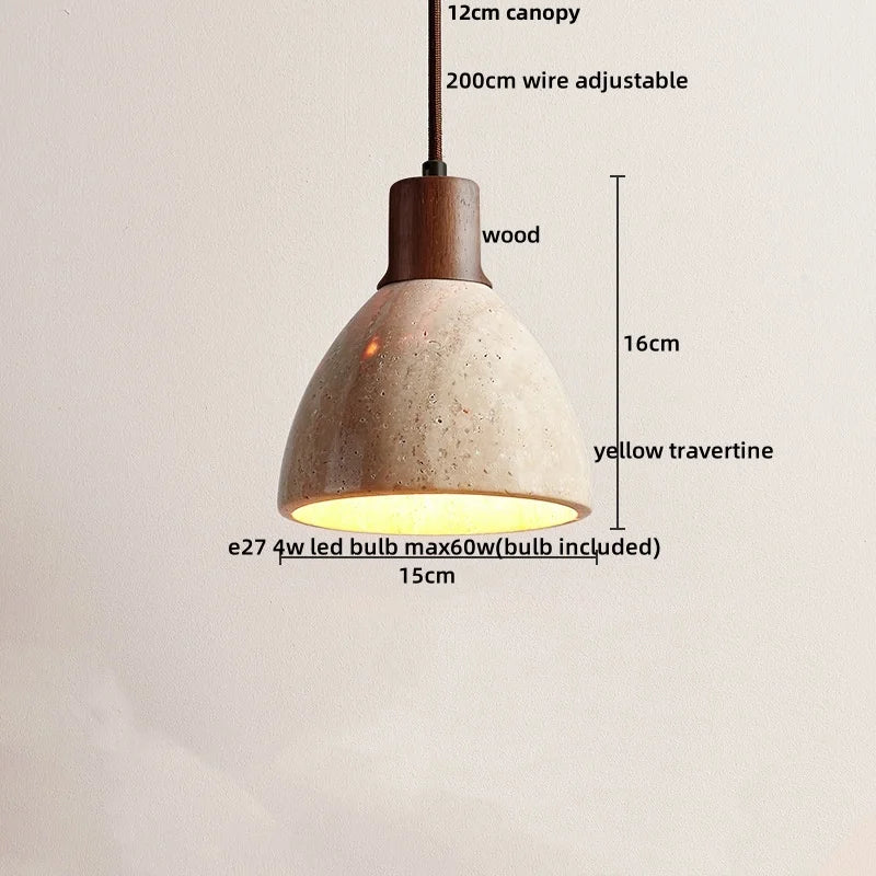 Yellow Travertine Wood Base LED Pendant Lights - Modern Adjustable Hanging Lamp