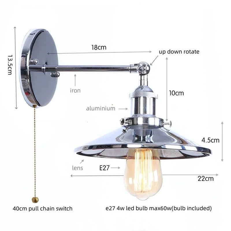 Vintage LED Pull Chain Wall Lights, Industrial Retro Iron Aisle Bedside Lamp
