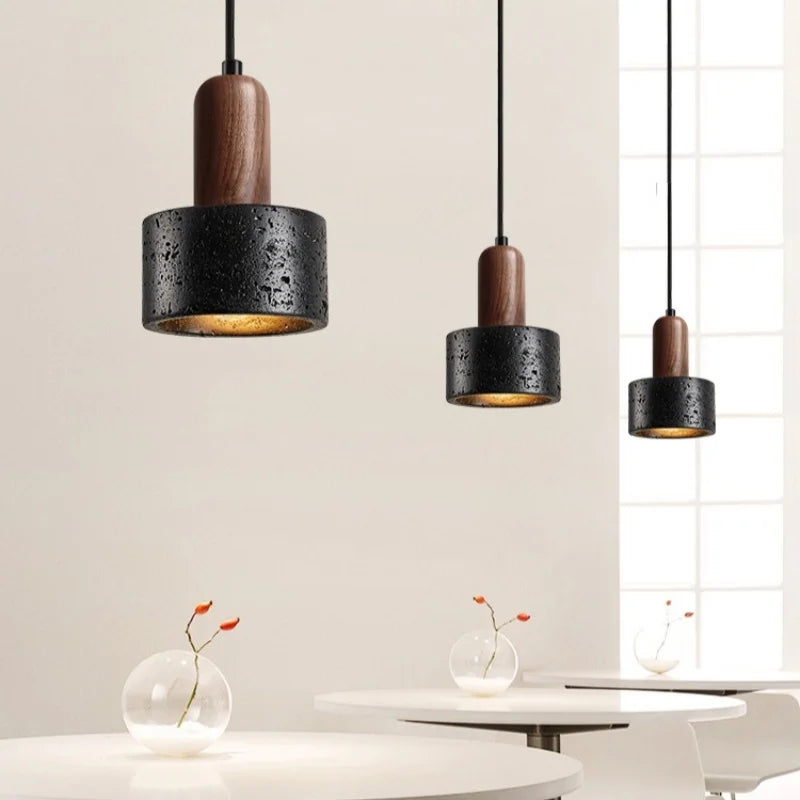 Nordic LED Pendant Lights Black Wood Travertine Hanging Lamp