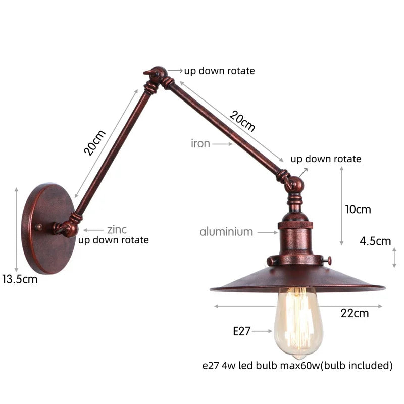 Vintage Industrial Long Arm Adjustable LED Wall Sconce Pull Chain Switch Bedside Lamp