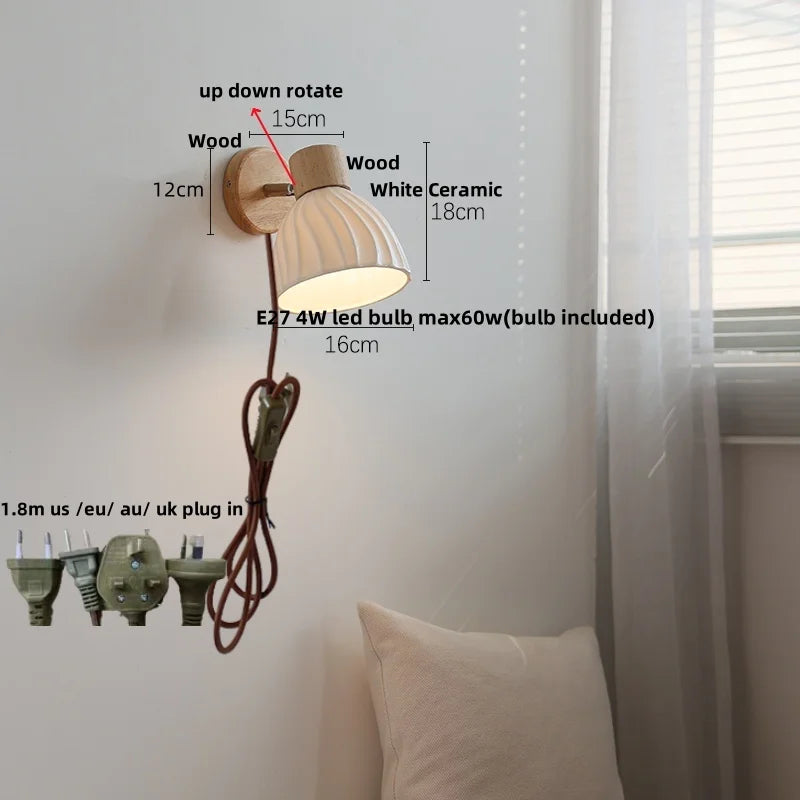 White Ceramic Wood LED Wall Light Fixture Pull Chain Switch Bedside Lamp