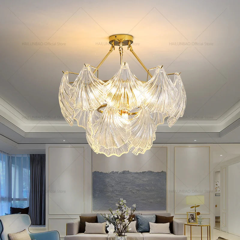 Pearl Crystal Chandelier for Dining Living Bedroom, Elegant French Shell Glass Light