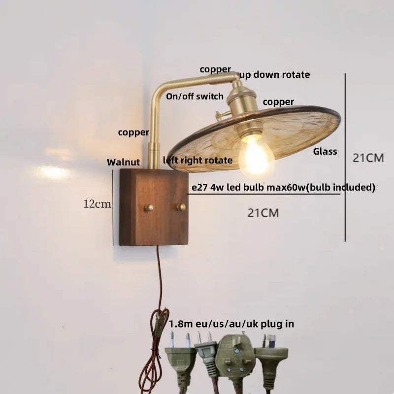 Wood LED Wall Light Up Down Rotate Copper Bedside Lamp