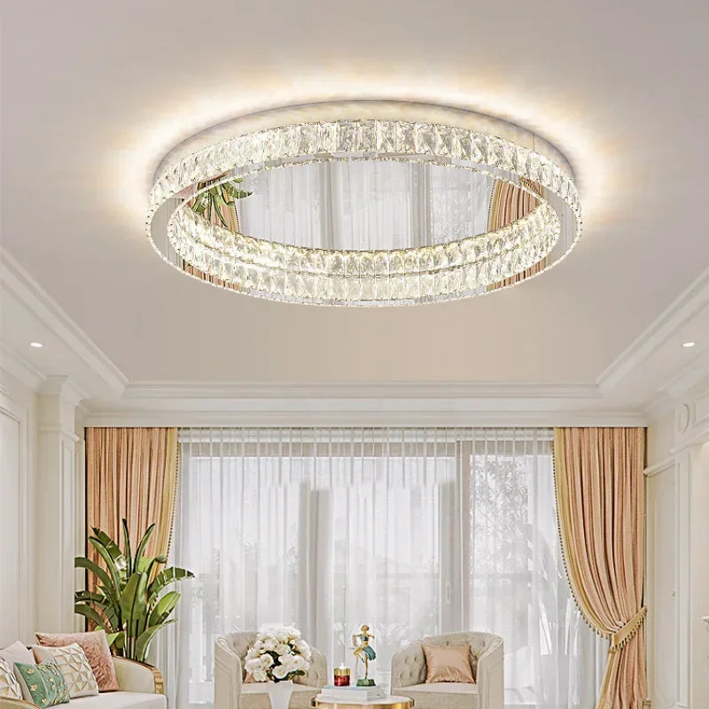 Crystal LED Ceiling Light Chrome Steel Chandelier - Dimmable Round Lamp