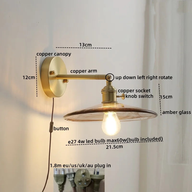 Nordic Glass Copper Wall Lights for Bedroom Living Room Home Decor