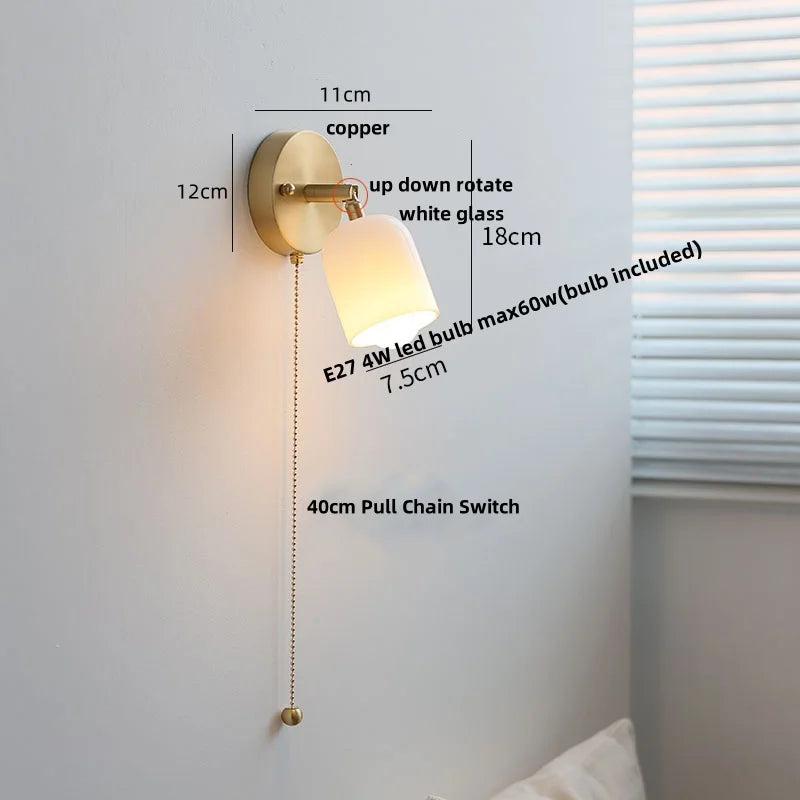 Walnut Wood LED Wall Lights Bedroom Copper Rotate Glass Pull Chain Switch