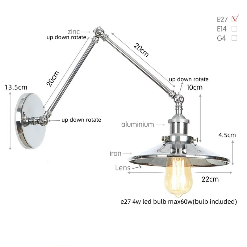 Vintage Industrial Long Arm Adjustable LED Wall Sconce Pull Chain Switch Bedside Lamp