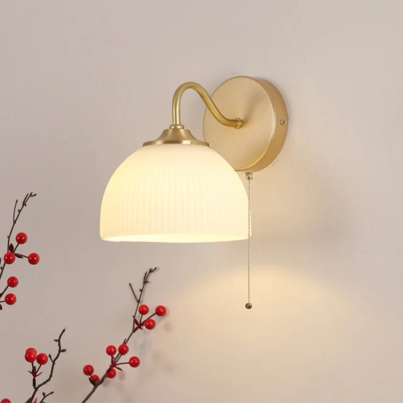 Afralia™ Iron White Glass LED Wall Lamp Sconce Pull Chain Switch Nordic Modern Stair Light