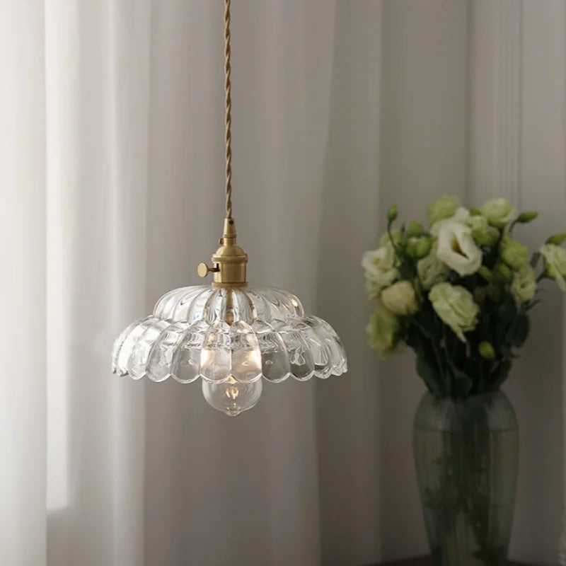 Walnut LED Glass Flower Pendant Light Fixture Adjusts Wire Modern Dining Bathroom